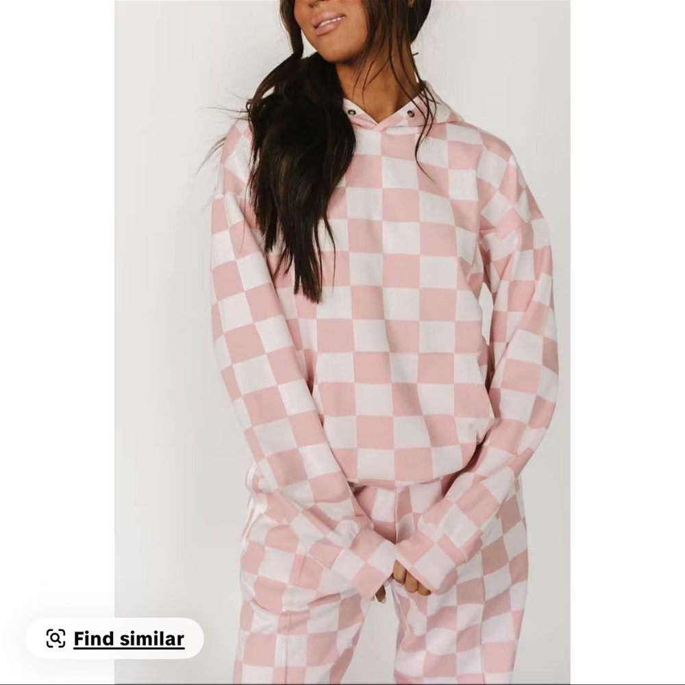 AMPERSAND AVE Pink and White Checkerboard Hoodie